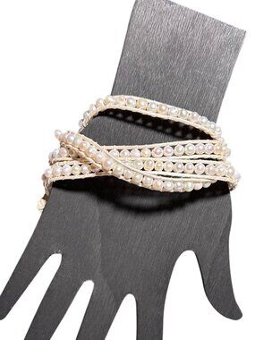 Victoria Emerson White Leather And Pearls Wrap Bracelet 36 Inch Length Womens